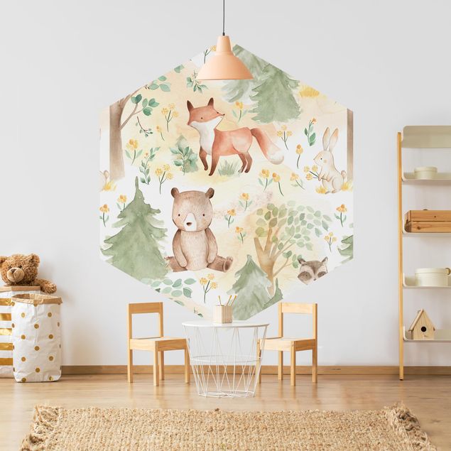 Self-adhesive hexagonal pattern wallpaper - Fox And Hare With Trees