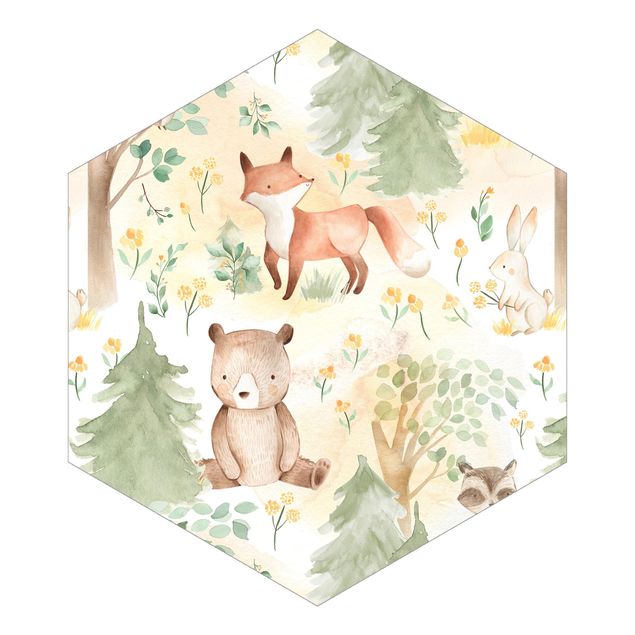 Self-adhesive hexagonal pattern wallpaper - Fox And Hare With Trees