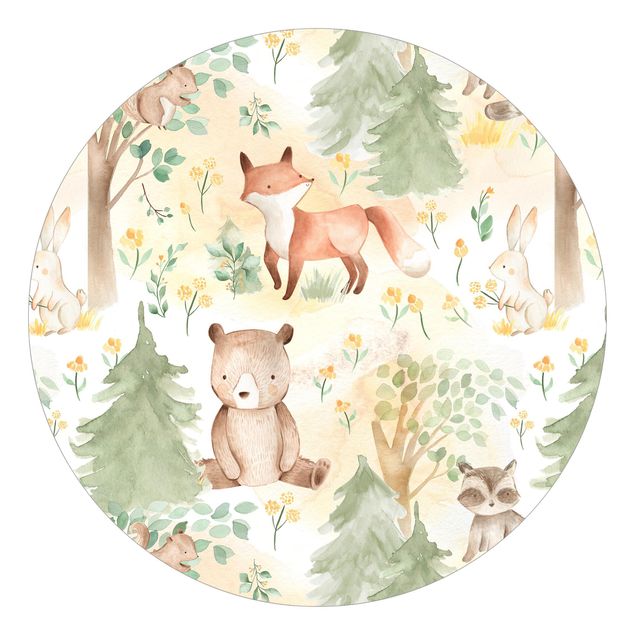 Self-adhesive round wallpaper kids - Fox And Hare With Trees