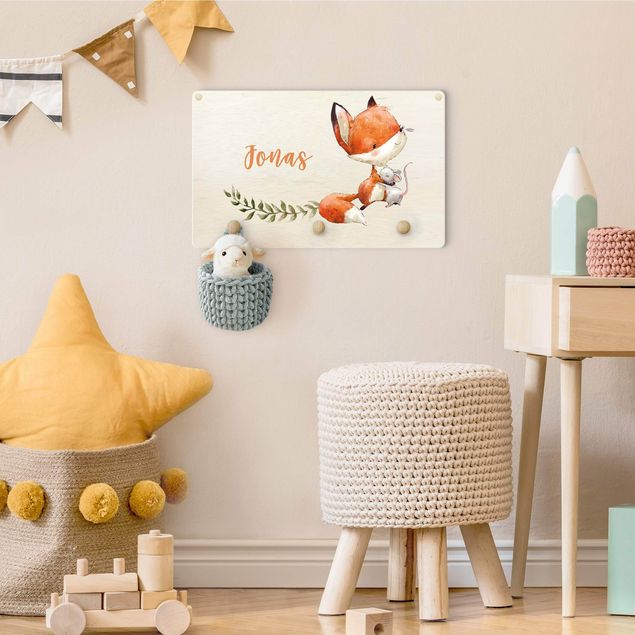 Coat rack for children - Fox And Mouse Are Friends With Customised Name