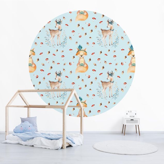 Self-adhesive round wallpaper kids - Fox And Deer With Mushrooms