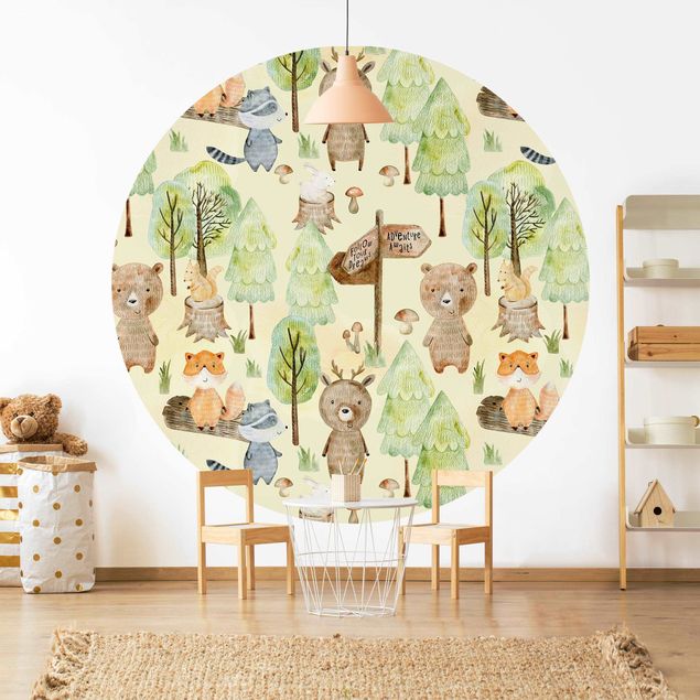 Self-adhesive round wallpaper kids - Fox Forest Adventure Illustration