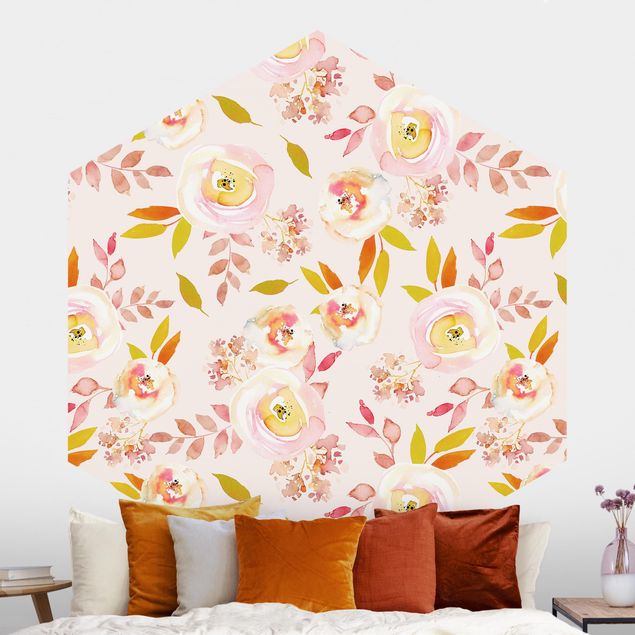 Self-adhesive hexagonal wall mural Yellow Leaves With Watercolour Flowers In Front Of Pink