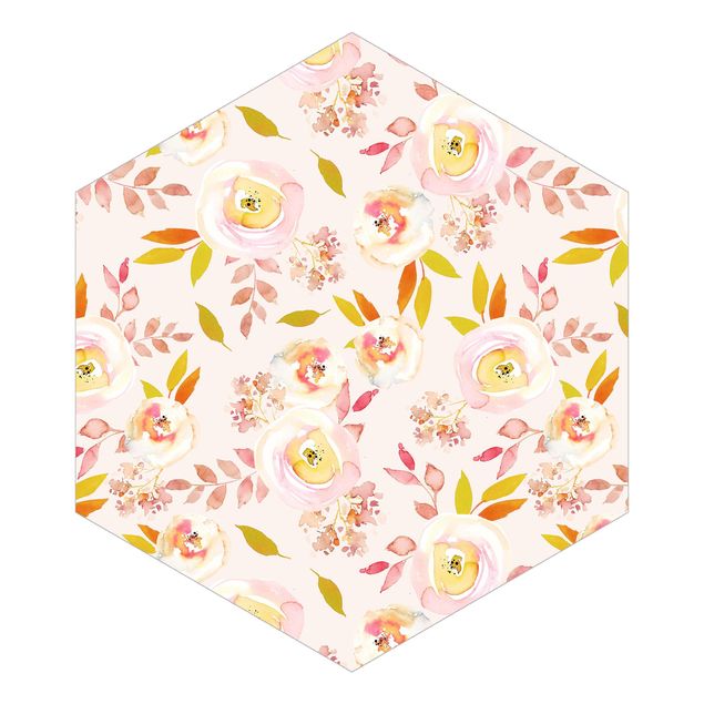 Self-adhesive hexagonal pattern wallpaper - Yellow Leaves With Watercolour Flowers In Front Of Pink
