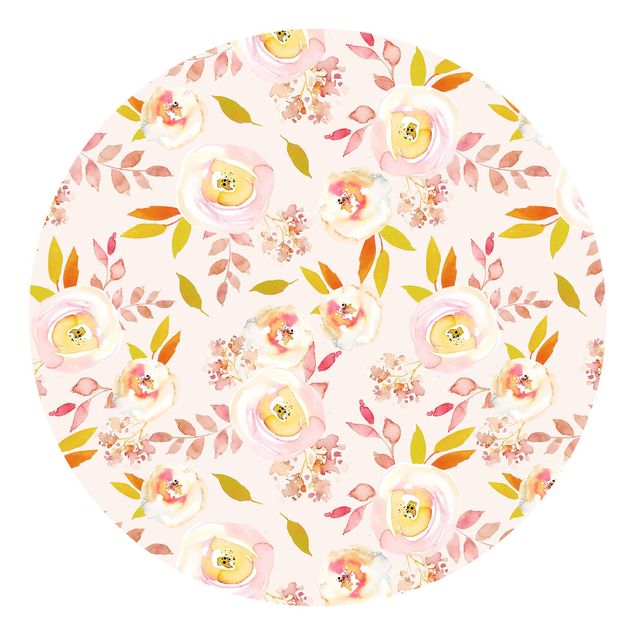 Self-adhesive round wallpaper - Yellow Leaves With Watercolour Flowers In Front Of Pink