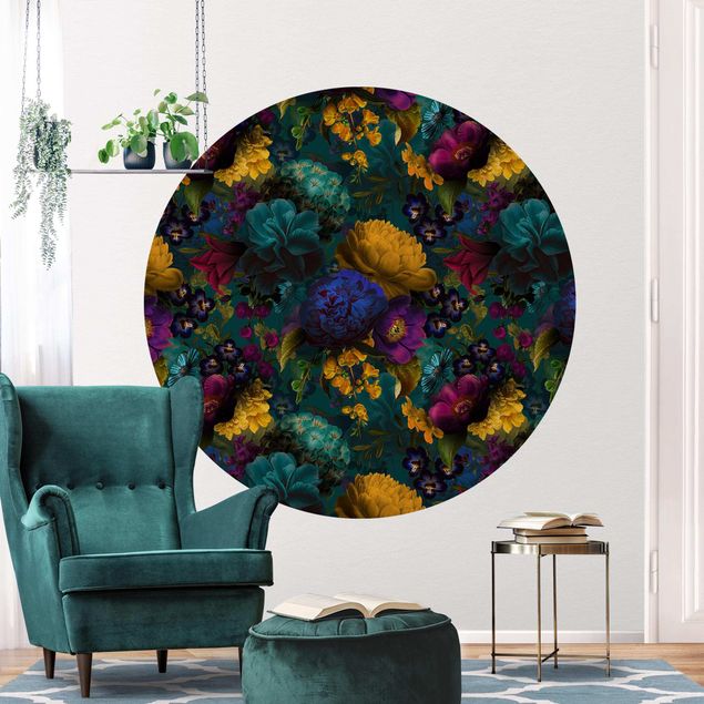 Self-adhesive round wallpaper - Yellow Blossoms With Blue Flowers In Front Of Turquoise