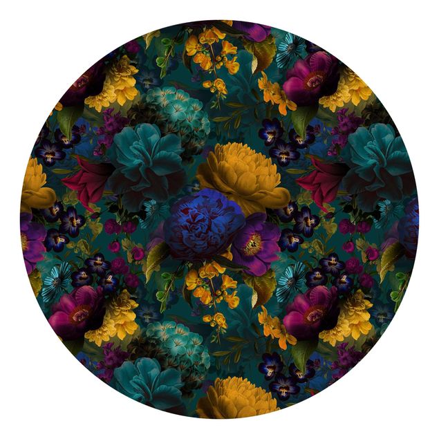 Self-adhesive round wallpaper - Yellow Blossoms With Blue Flowers In Front Of Turquoise
