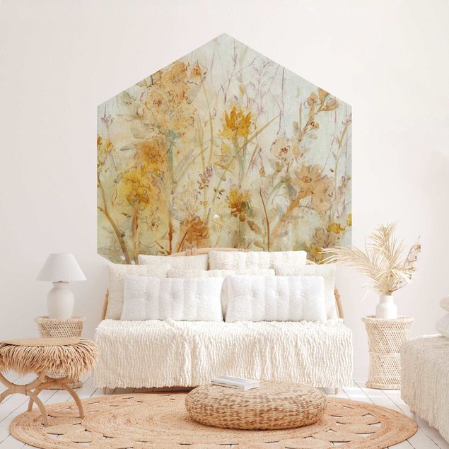 Self-adhesive hexagonal pattern wallpaper - Yellow Meadow Of Wild Flowers