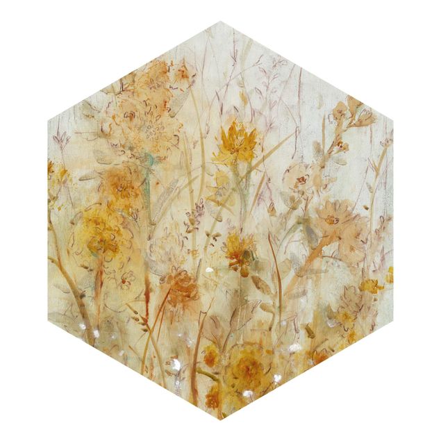 Self-adhesive hexagonal wall mural - Yellow Meadow Of Wild Flowers