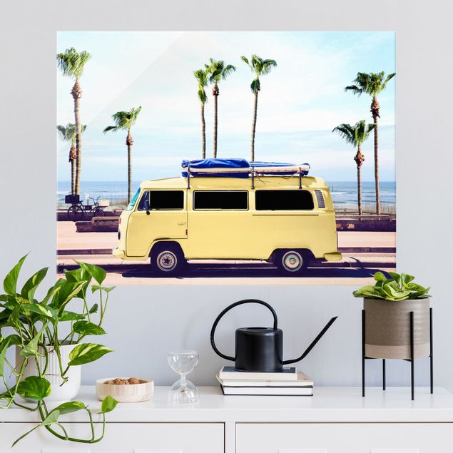 Glas Magnettafel Yellow Surfer VW Bus