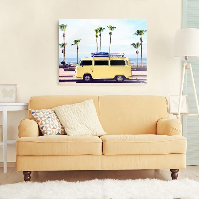 Glass print - Yellow Surfer VW Bus