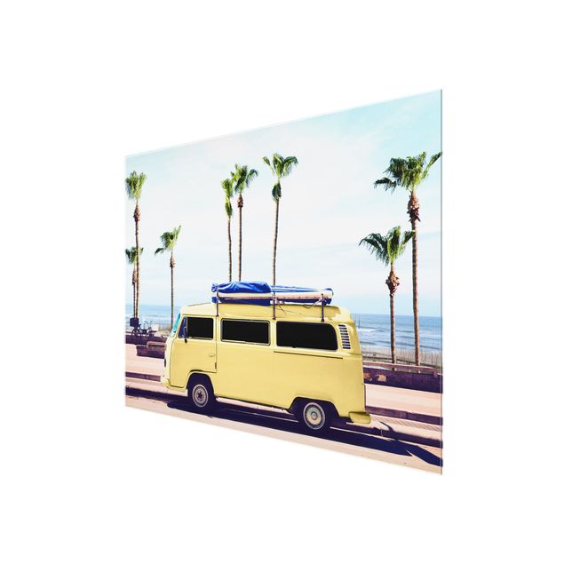 Glass print - Yellow Surfer VW Bus