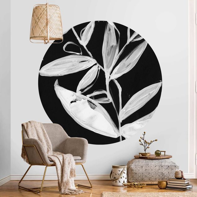 Self-adhesive round wallpaper - Painted Leaves On Black