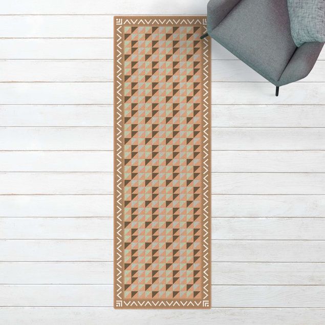 hallway runner Geometrical Tiles Small Triangles Olive green with Border