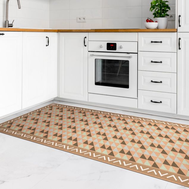 tile effect rug Geometrical Tiles Small Triangles Olive green with Border