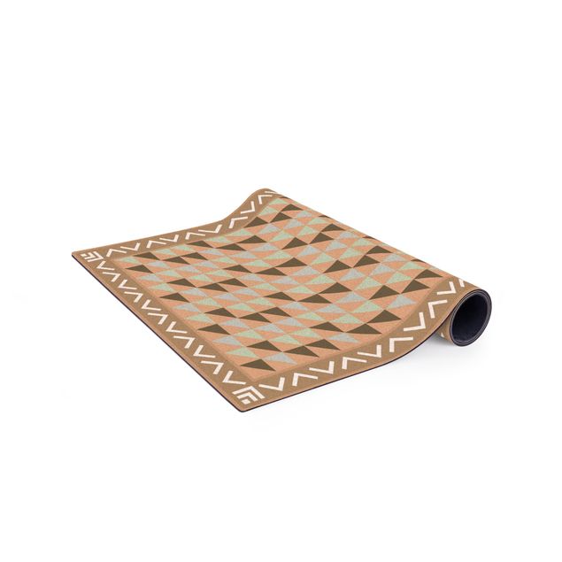 green area rug Geometrical Tiles Small Triangles Olive green with Border