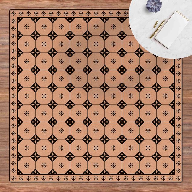 Tile rug Geometrical Tiles Cottage Black And White With Border