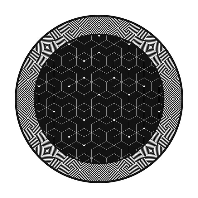 Round rugs Geometrical Tiles Dotted Lines Black With Border