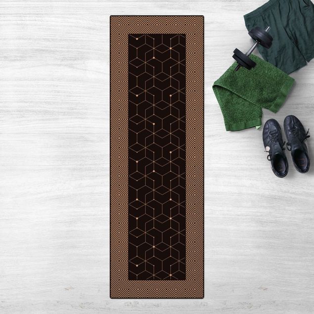 Runner rugs Geometrical Tiles Dotted Lines Black With Border