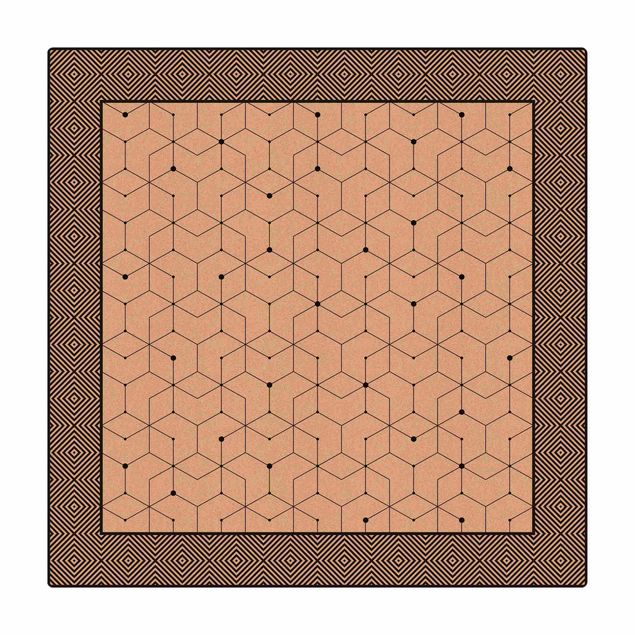 Cork mat - Geometrical Tiles Dotted Lines Black And White With Border - Square 1:1