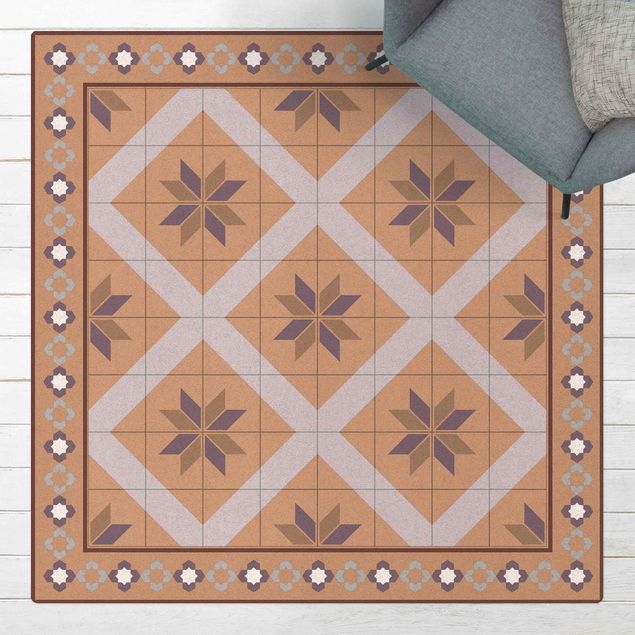 Tile rug Geometrical Tiles Rhombal Flower Lilac With Border