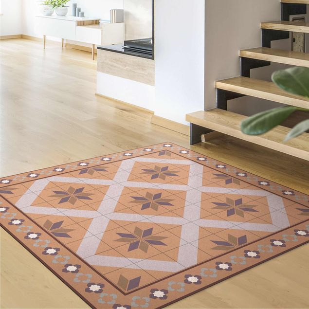 Floral rugs Geometrical Tiles Rhombal Flower Lilac With Border