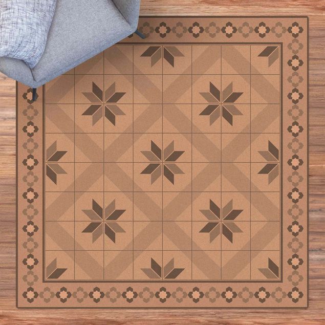Tile rug Geometrical Tiles Rhombal Flower Grey With Border
