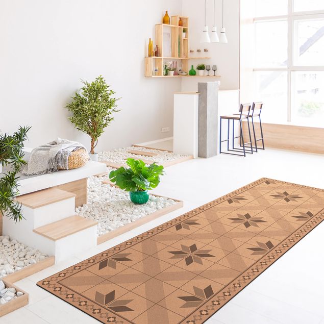 Tile rug Geometrical Tiles Rhombic Flower Grey With Narrow Border
