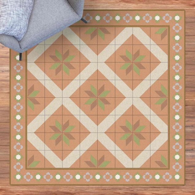 tile effect rug Geometrical Tiles Rhombal Flower Olive Green With Border