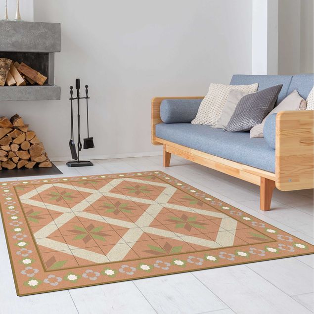 floral area rugs Geometrical Tiles Rhombal Flower Olive Green With Border