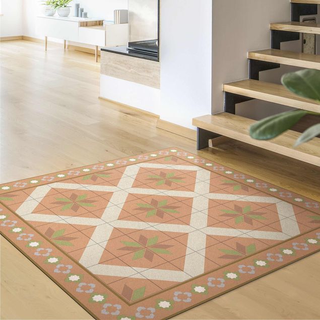 modern area rugs Geometrical Tiles Rhombal Flower Olive Green With Border