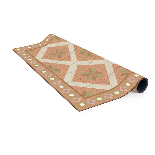 green area rug Geometrical Tiles Rhombal Flower Olive Green With Border