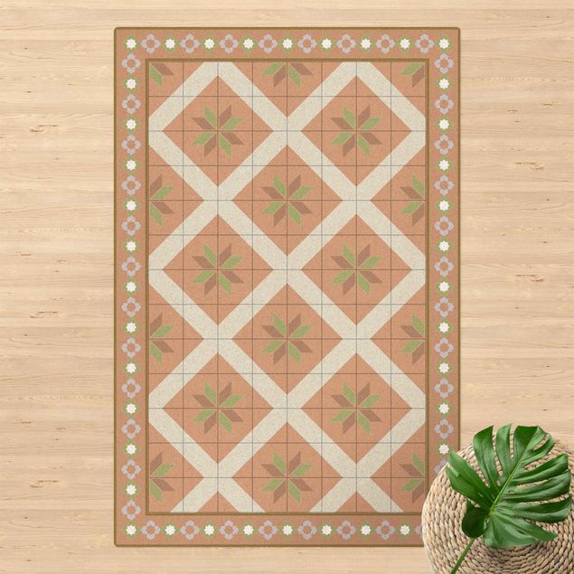 rug tile pattern Geometrical Tiles Rhombic Flower Olive Green With narrow Border