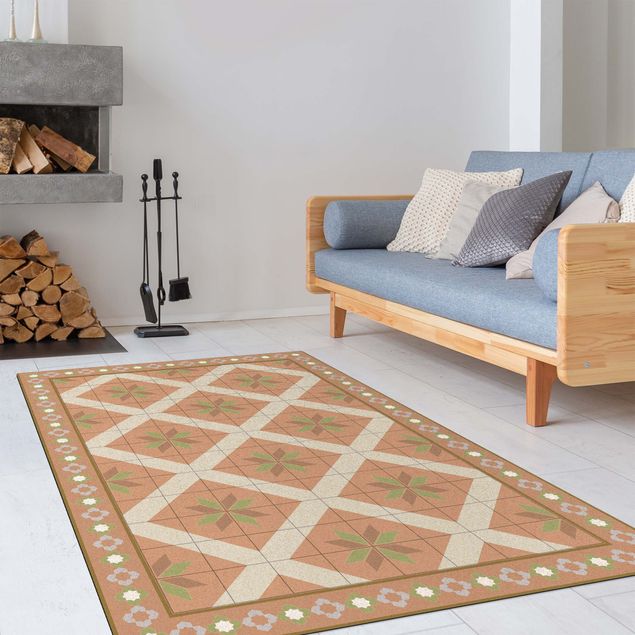 contemporary rugs Geometrical Tiles Rhombic Flower Olive Green With narrow Border