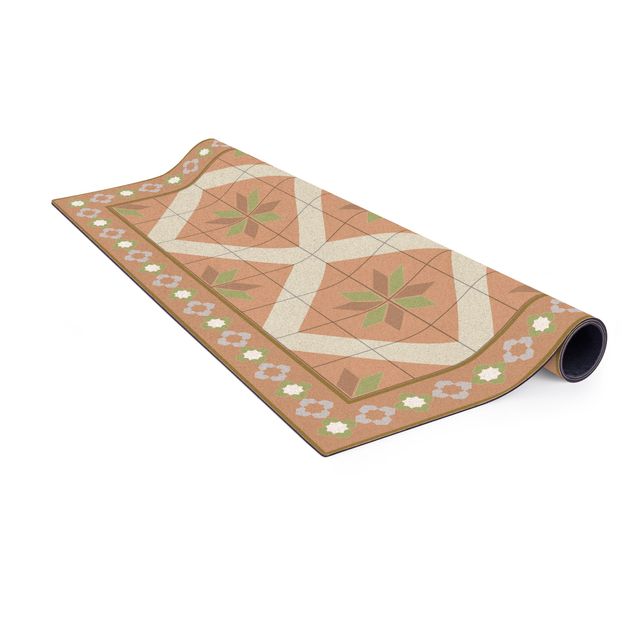 green rugs for living room Geometrical Tiles Rhombic Flower Olive Green With narrow Border