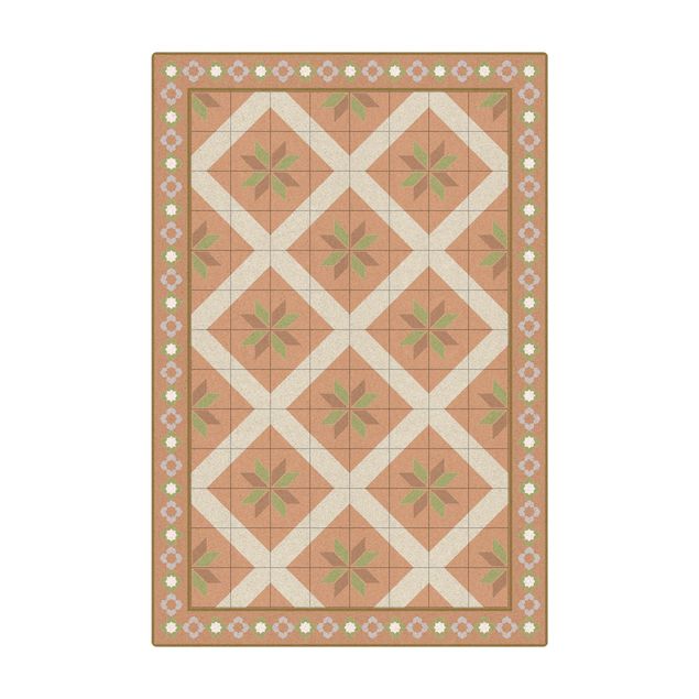 large floor mat Geometrical Tiles Rhombic Flower Olive Green With narrow Border