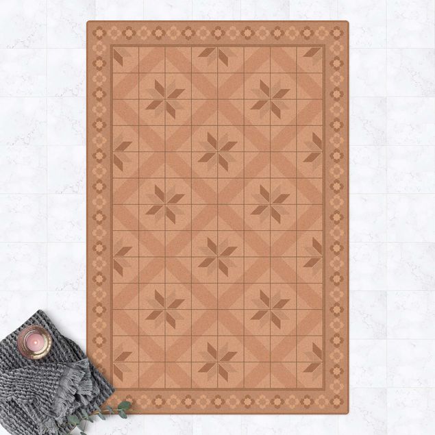 tile effect rug Geometrical Tiles Rhombal Flower Sand With Border