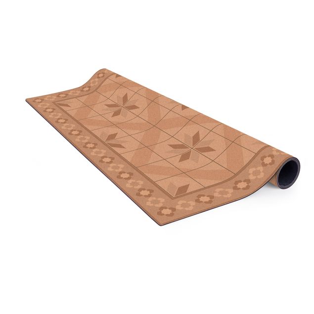 tan rug Geometrical Tiles Rhombal Flower Sand With Border