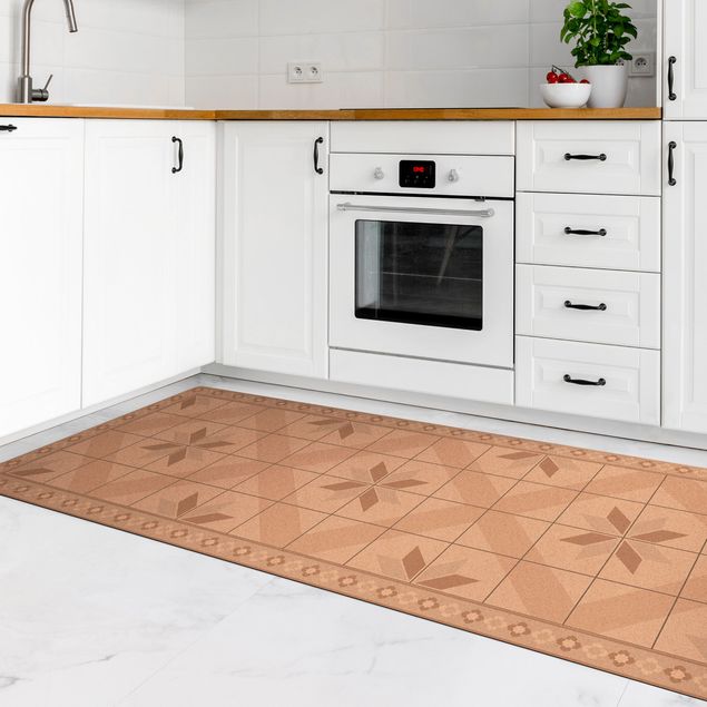 tile effect rug Geometrical Tiles Rhombic Flower Sand With Narrow Border