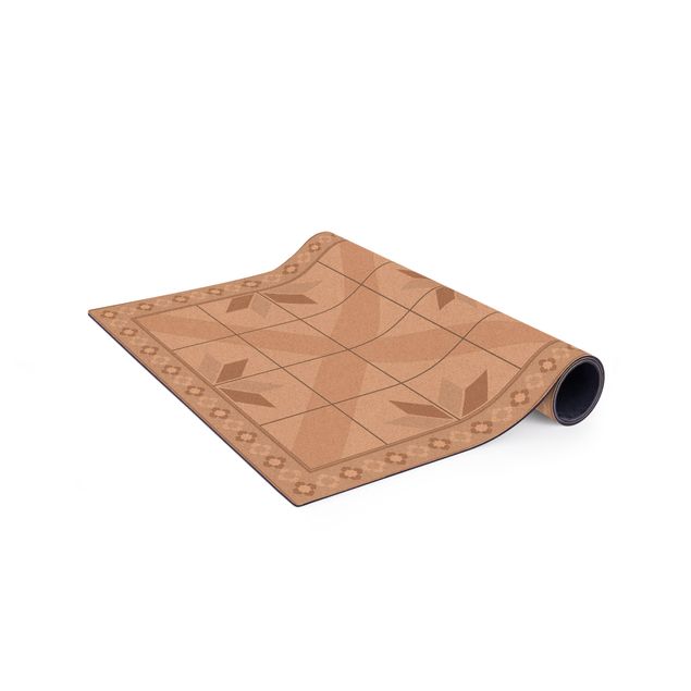 tan rug Geometrical Tiles Rhombic Flower Sand With Narrow Border