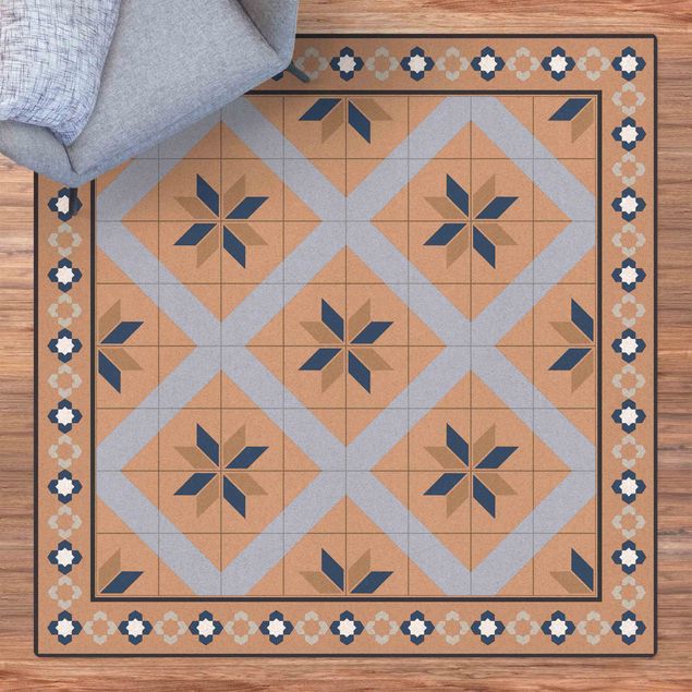 Tile rug Geometrical Tiles Rhombal Flower Pigeon Blue With Border