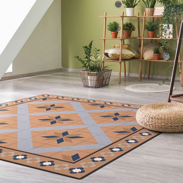 Modern rugs Geometrical Tiles Rhombal Flower Pigeon Blue With Border