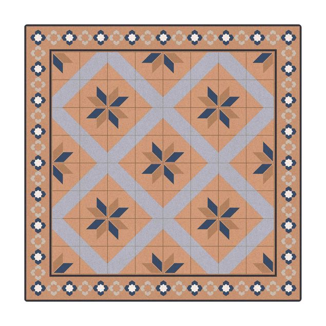 Large rugs Geometrical Tiles Rhombal Flower Pigeon Blue With Border