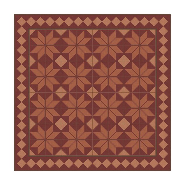 large floor mat Geometrical Tiles Star Flower Antique Pink With Border
