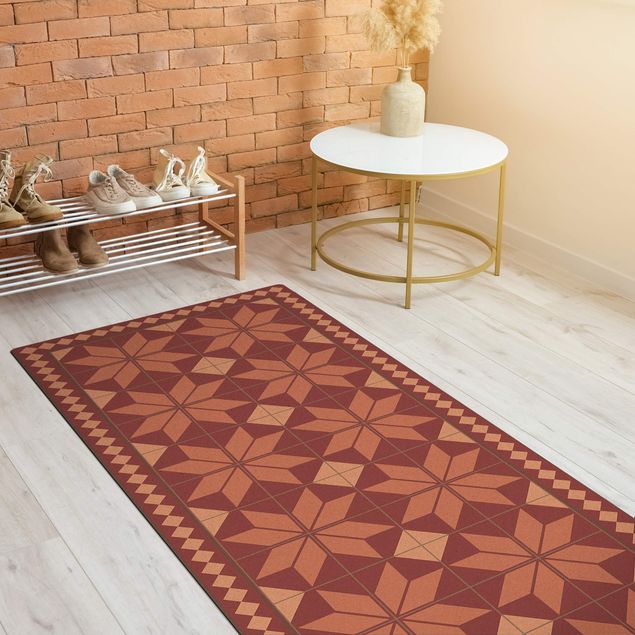 Modern rugs Geometrical Tiles Star Flower Antique Pink With Small Border