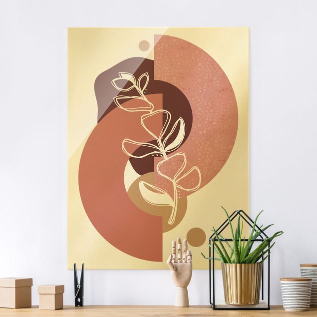 Glass print - Geometrical Shapes - Leaves Pale Pink Gold  - Portrait format