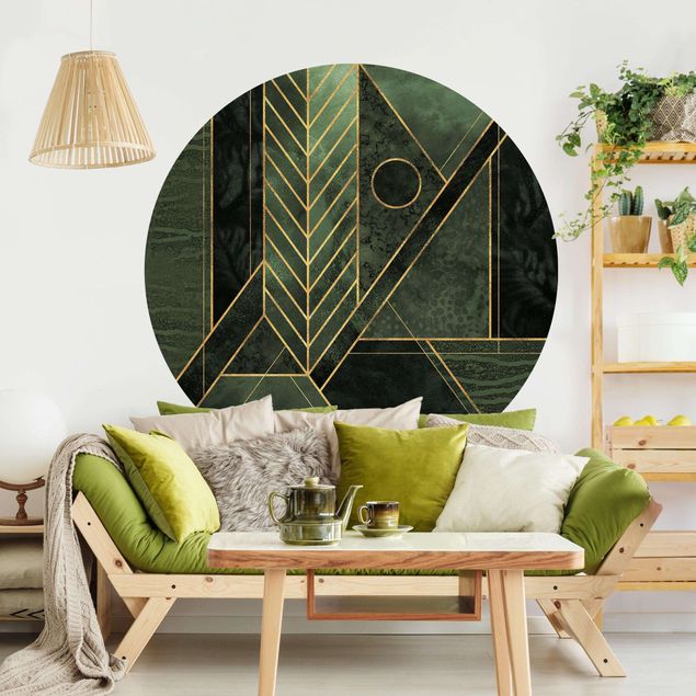 Self-adhesive round wallpaper - Geometric Shapes Emerald Gold