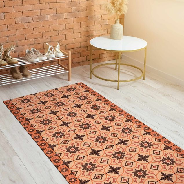 modern area rugs Geometrical Tile Mix Flower Orange
