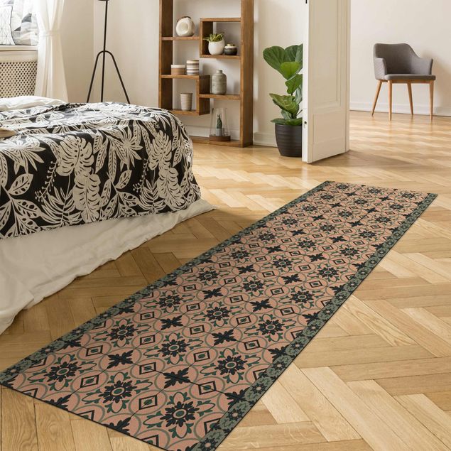 modern area rugs Geometrical Tile Mix Flower Turquoise