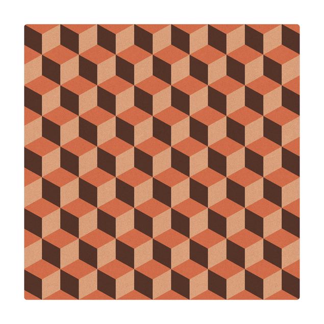 Cork mat - Geometrical Tile Mix Cubes Orange - Square 1:1
